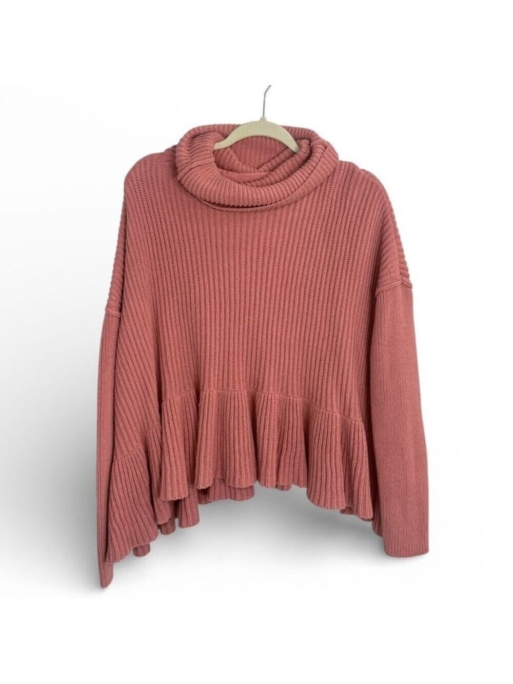 Free People Peplum Turtleneck Sweater Large Pink Ribbed